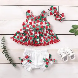 517868 - 3-piece Watermelon Printed Tassel Dress & Shorts & Headband