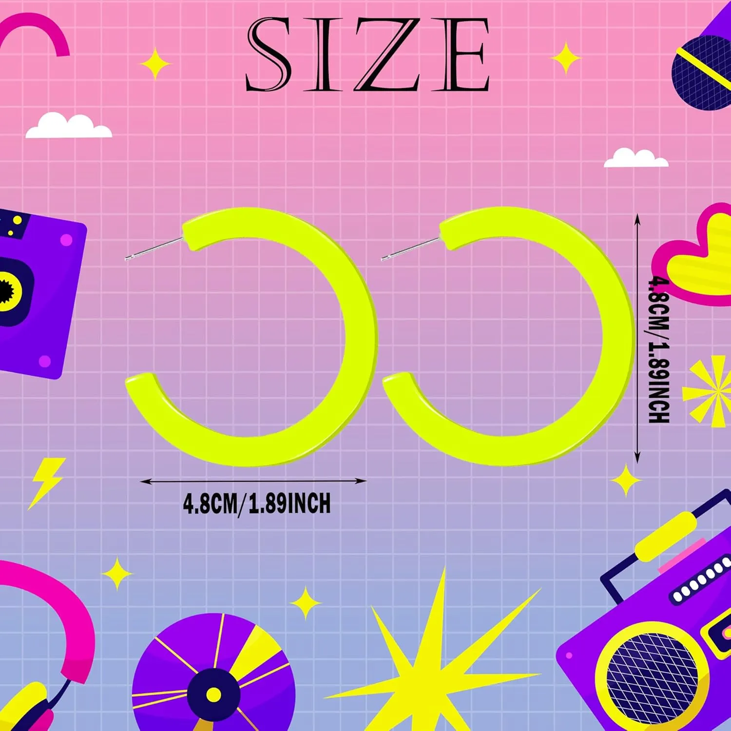 80s 90s Neon Earrings for Women Retro Cassette Tape Hoop Earring Candy Color Lightweight Acrylic Stud Dangle Earrings for 80S Costume Outfits Dancing Glow Party Accessories