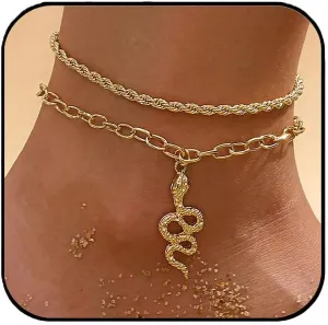 Aluinn 2-Piece Gold Anklet Set - Gold serpentine pendant Adjustable Ankle Bracelets Alloy Jewelry for women