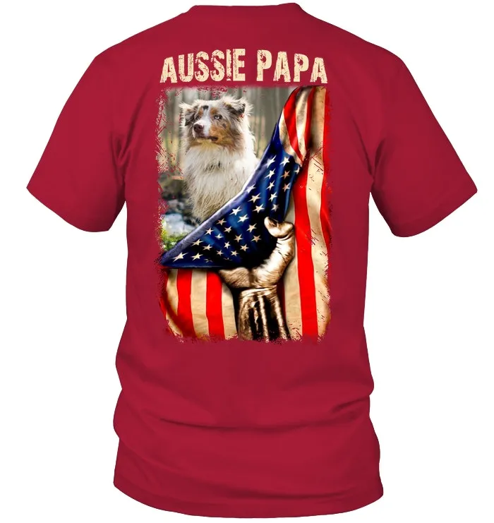 Aussie Papa America Flag Unique Custom Design For Dog Lovers Guys Tee
