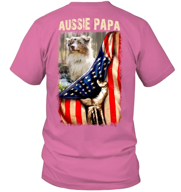Aussie Papa America Flag Unique Custom Design For Dog Lovers Guys Tee