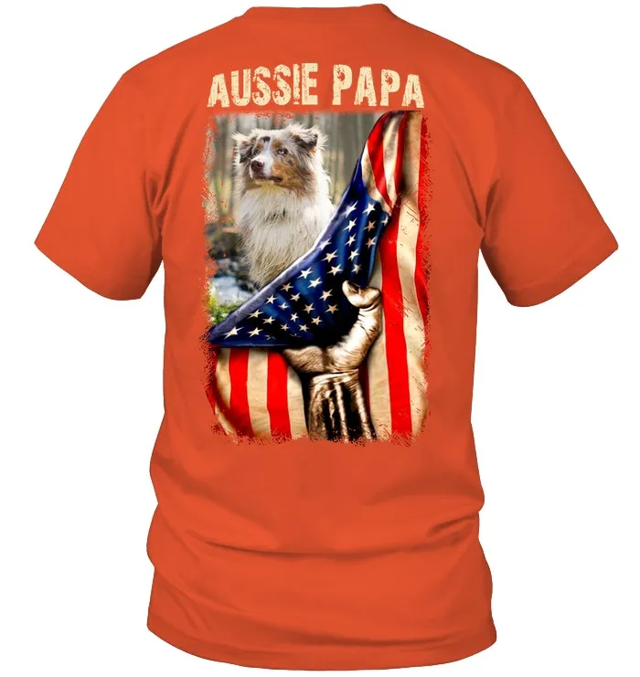 Aussie Papa America Flag Unique Custom Design For Dog Lovers Guys Tee