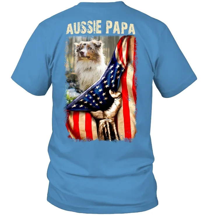 Aussie Papa America Flag Unique Custom Design For Dog Lovers Guys Tee