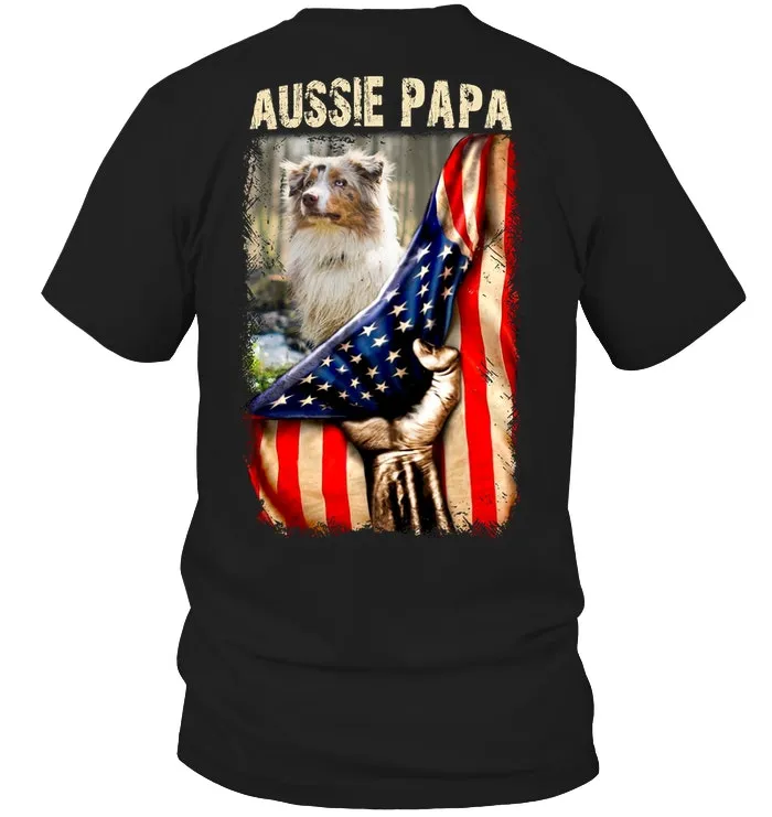 Aussie Papa America Flag Unique Custom Design For Dog Lovers Guys Tee