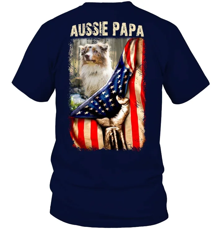 Aussie Papa America Flag Unique Custom Design For Dog Lovers Guys Tee