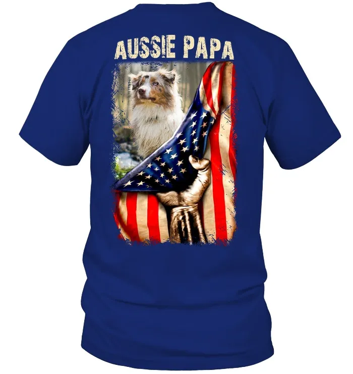 Aussie Papa America Flag Unique Custom Design For Dog Lovers Guys Tee