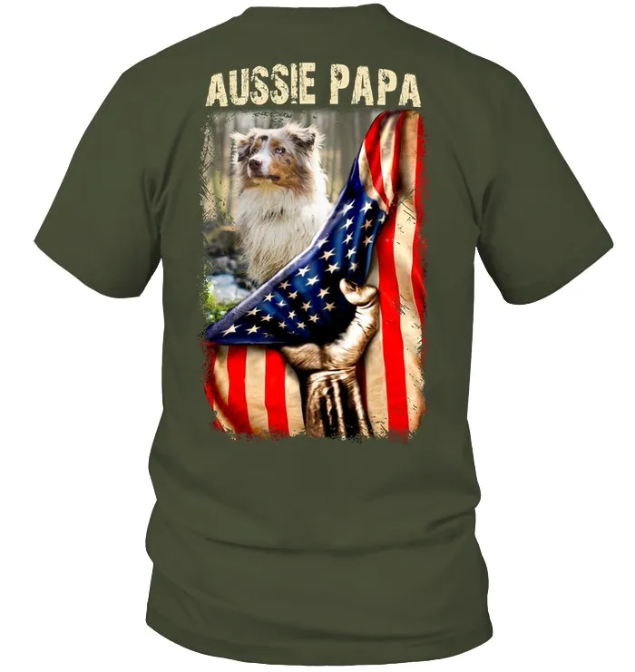 Aussie Papa America Flag Unique Custom Design For Dog Lovers Guys Tee