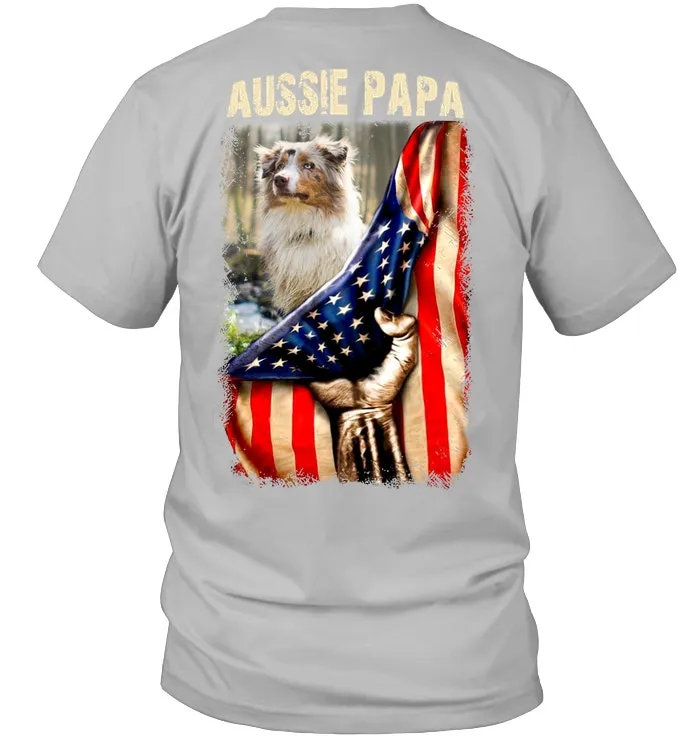Aussie Papa America Flag Unique Custom Design For Dog Lovers Guys Tee