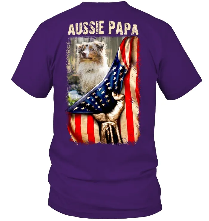 Aussie Papa America Flag Unique Custom Design For Dog Lovers Guys Tee