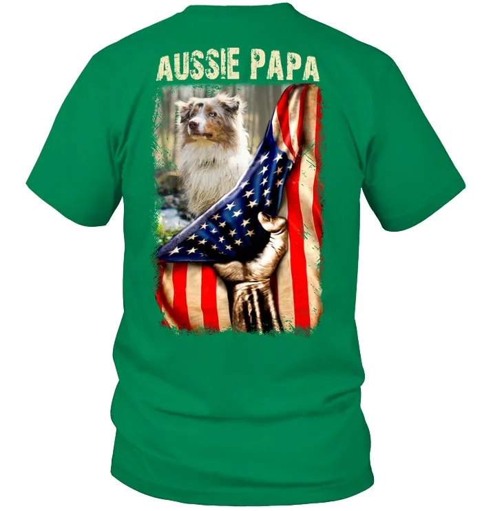 Aussie Papa America Flag Unique Custom Design For Dog Lovers Guys Tee