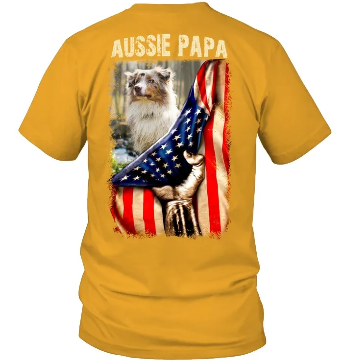 Aussie Papa America Flag Unique Custom Design For Dog Lovers Guys Tee