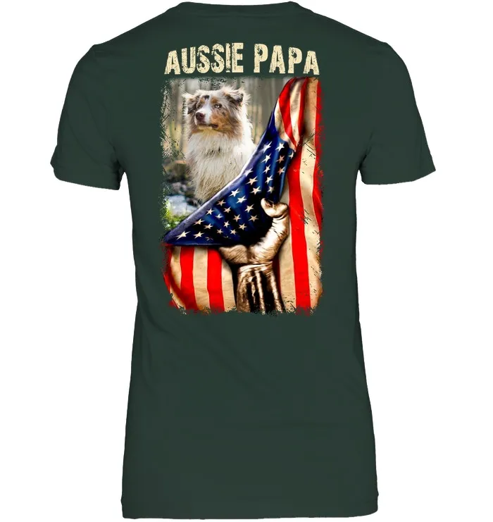 Aussie Papa America Flag Unique Custom Design For Dog Lovers Ladies Tee