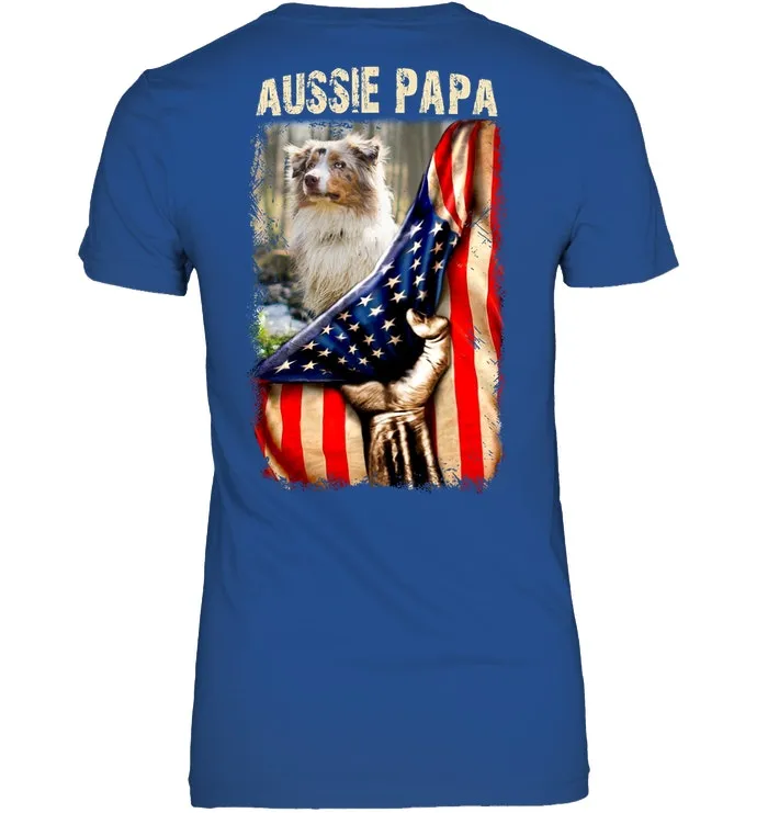 Aussie Papa America Flag Unique Custom Design For Dog Lovers Ladies Tee