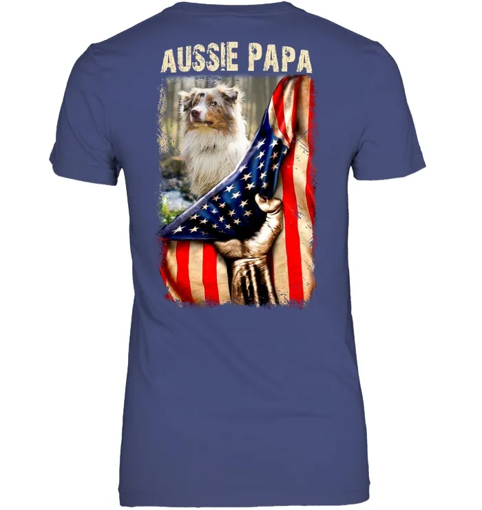 Aussie Papa America Flag Unique Custom Design For Dog Lovers Ladies Tee