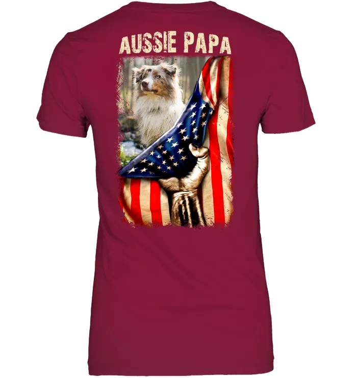 Aussie Papa America Flag Unique Custom Design For Dog Lovers Ladies Tee