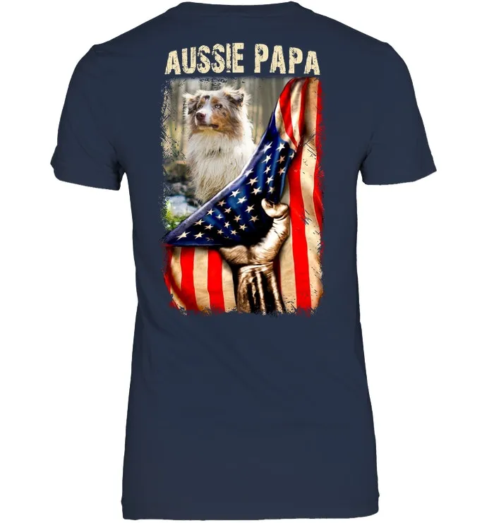 Aussie Papa America Flag Unique Custom Design For Dog Lovers Ladies Tee