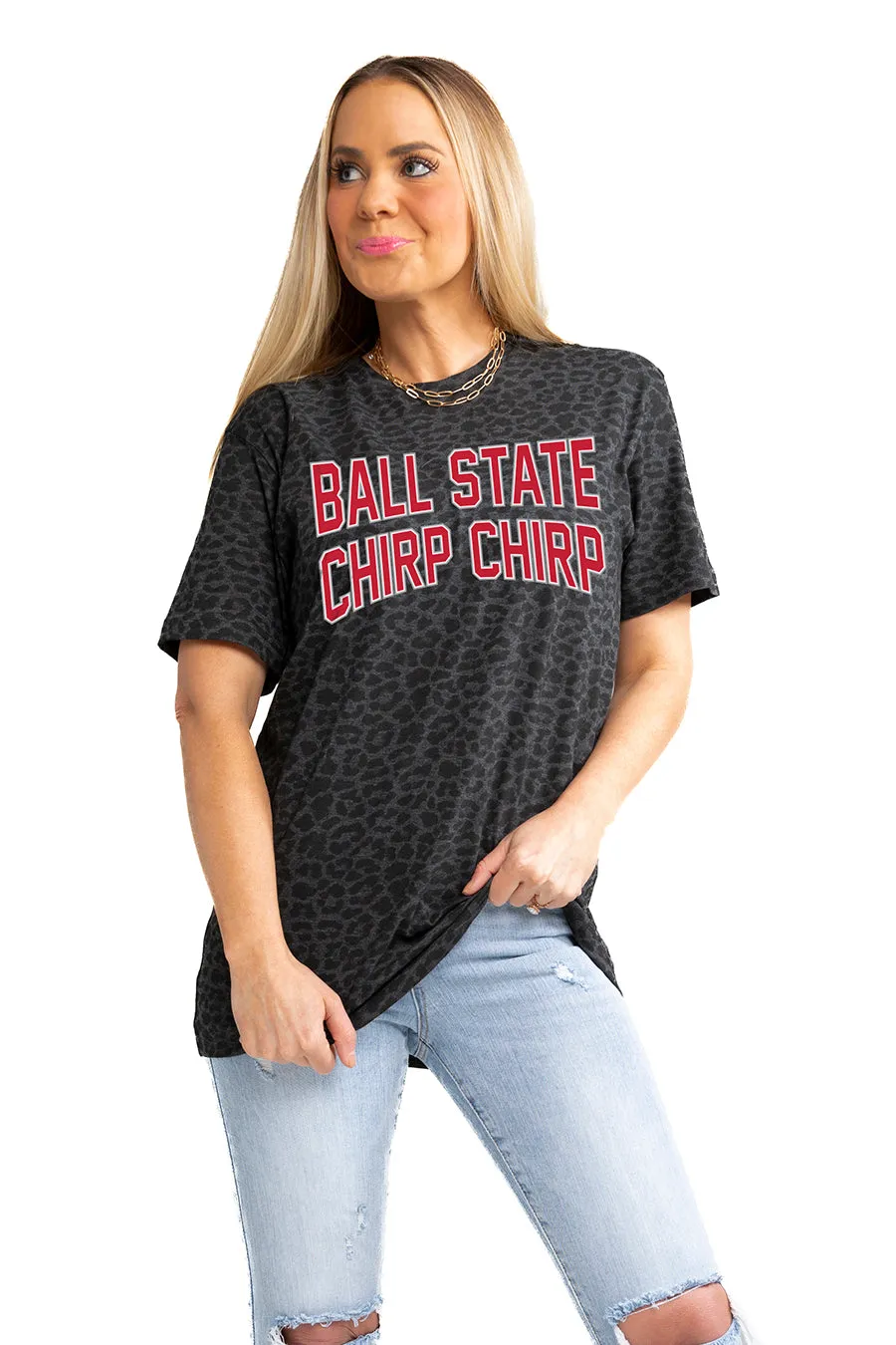 BALL STATE CARDINALS "FAN FAVORITE" LEOPARD STANDARD FIT CREW NECK TEE