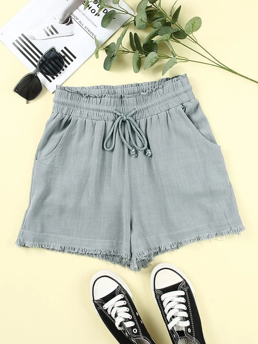 Beachy Gray Frayed Hem Pocketed Shorts
