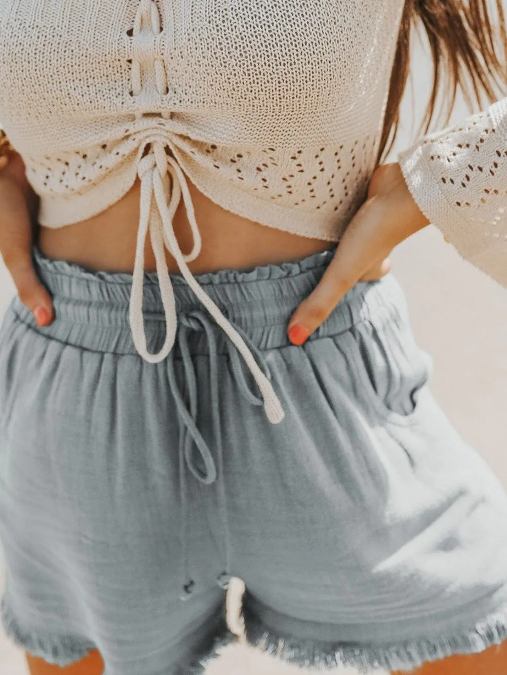 Beachy Gray Frayed Hem Pocketed Shorts