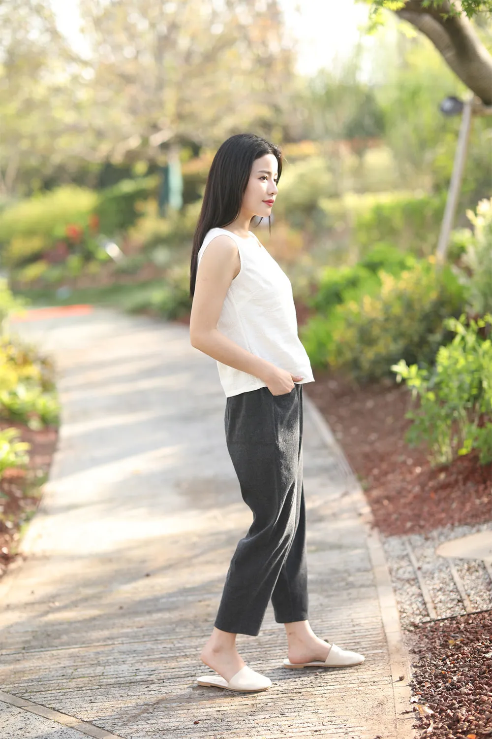 Black Linen Pants With Pockets In Cusual Style C1539