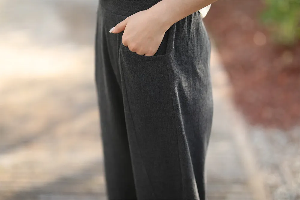Black Linen Pants With Pockets In Cusual Style C1539