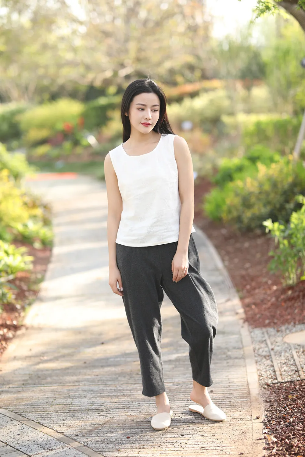 Black Linen Pants With Pockets In Cusual Style C1539