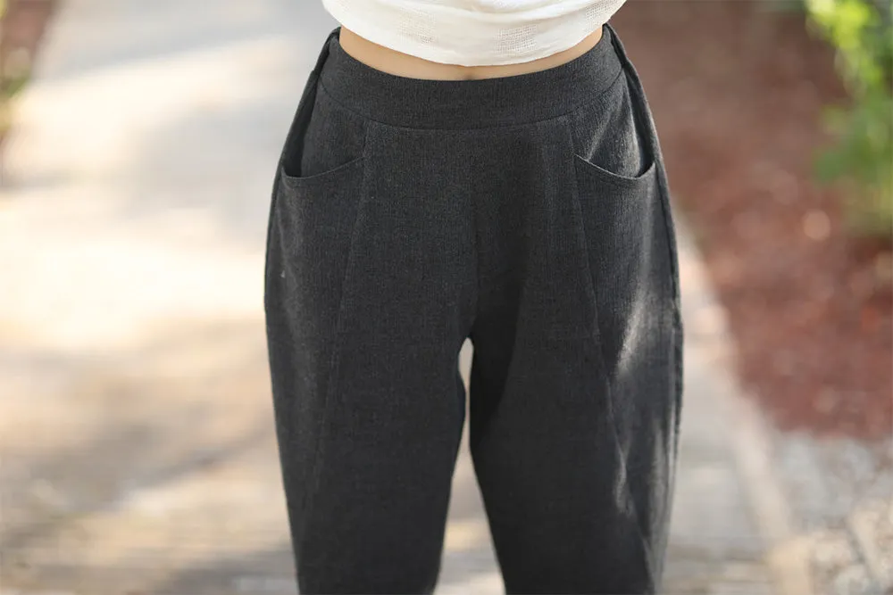 Black Linen Pants With Pockets In Cusual Style C1539