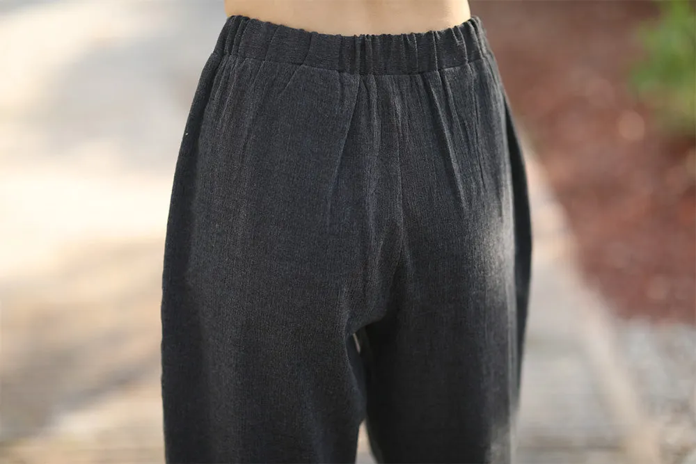 Black Linen Pants With Pockets In Cusual Style C1539