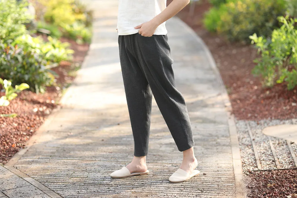 Black Linen Pants With Pockets In Cusual Style C1539