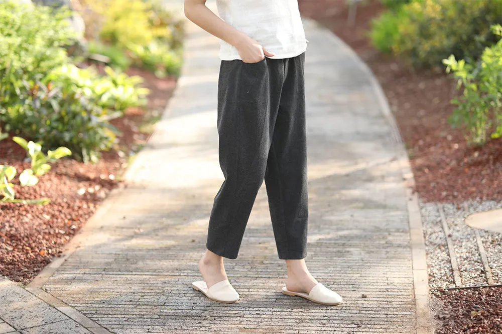 Black Linen Pants With Pockets In Cusual Style C1539
