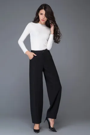 Black loose winter long wool trousers C1016