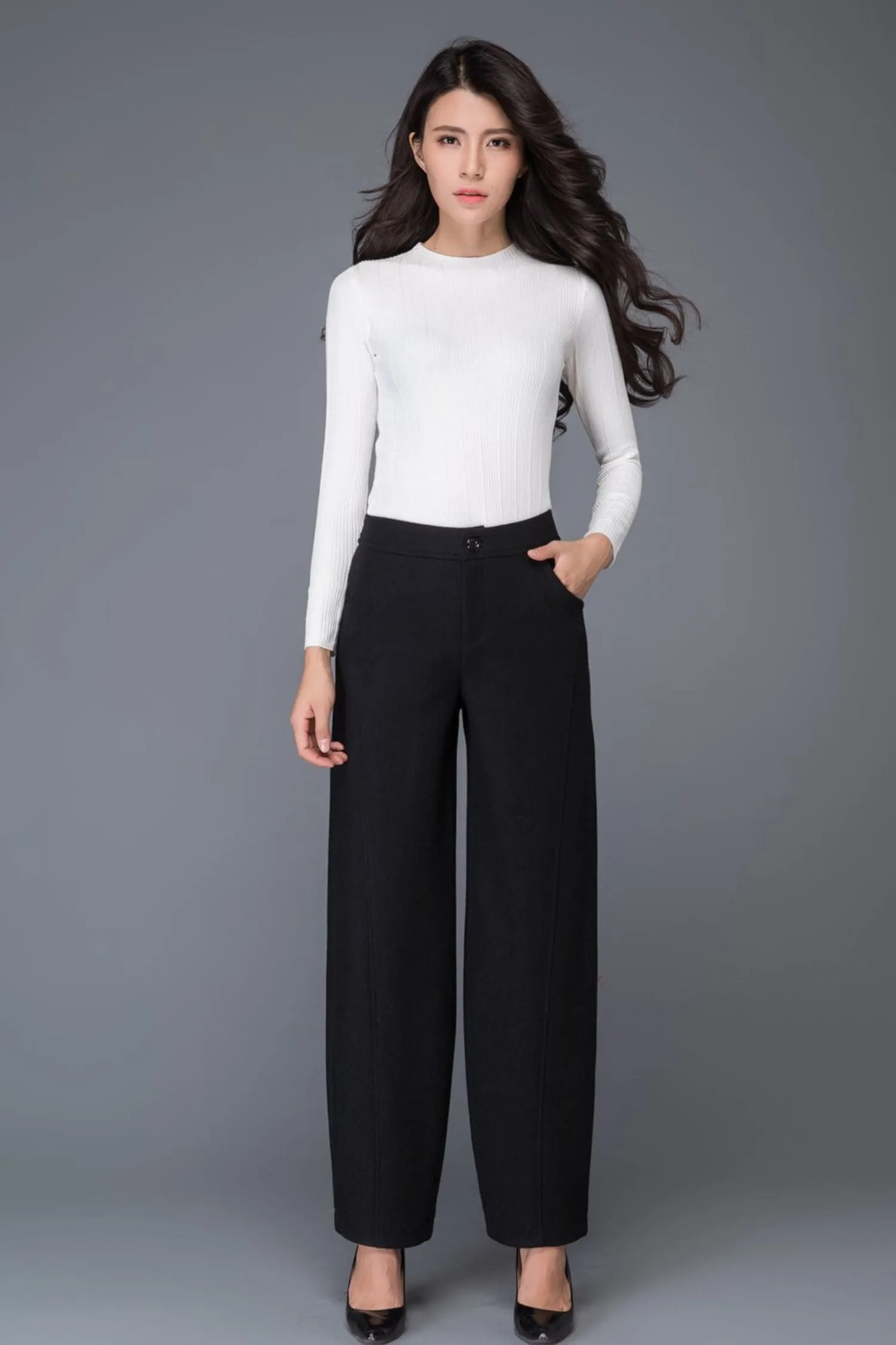 Black loose winter long wool trousers C1016