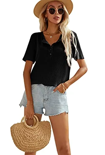 Black Women's Waffle Knit Short Sleeve Tunic Tops Summer V Neck Henley Loose T Shirts XS