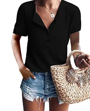 Black Women's Waffle Knit Short Sleeve Tunic Tops Summer V Neck Henley Loose T Shirts XS