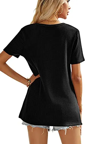 Black Women's Waffle Knit Short Sleeve Tunic Tops Summer V Neck Henley Loose T Shirts XS