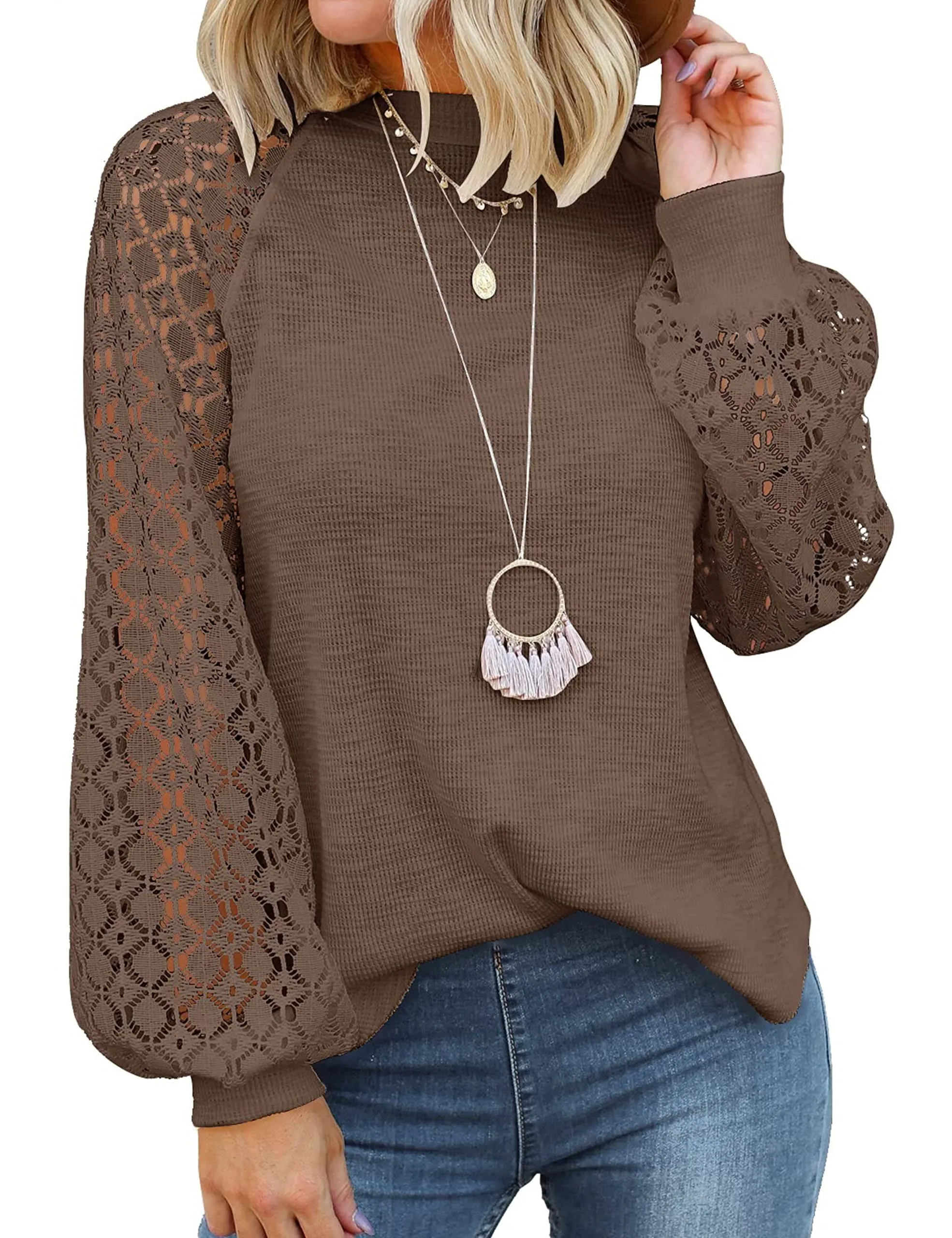 Brown Women’s Long Sleeve Tops Lace Casual Loose Blouses T Shirts - MIHOLL