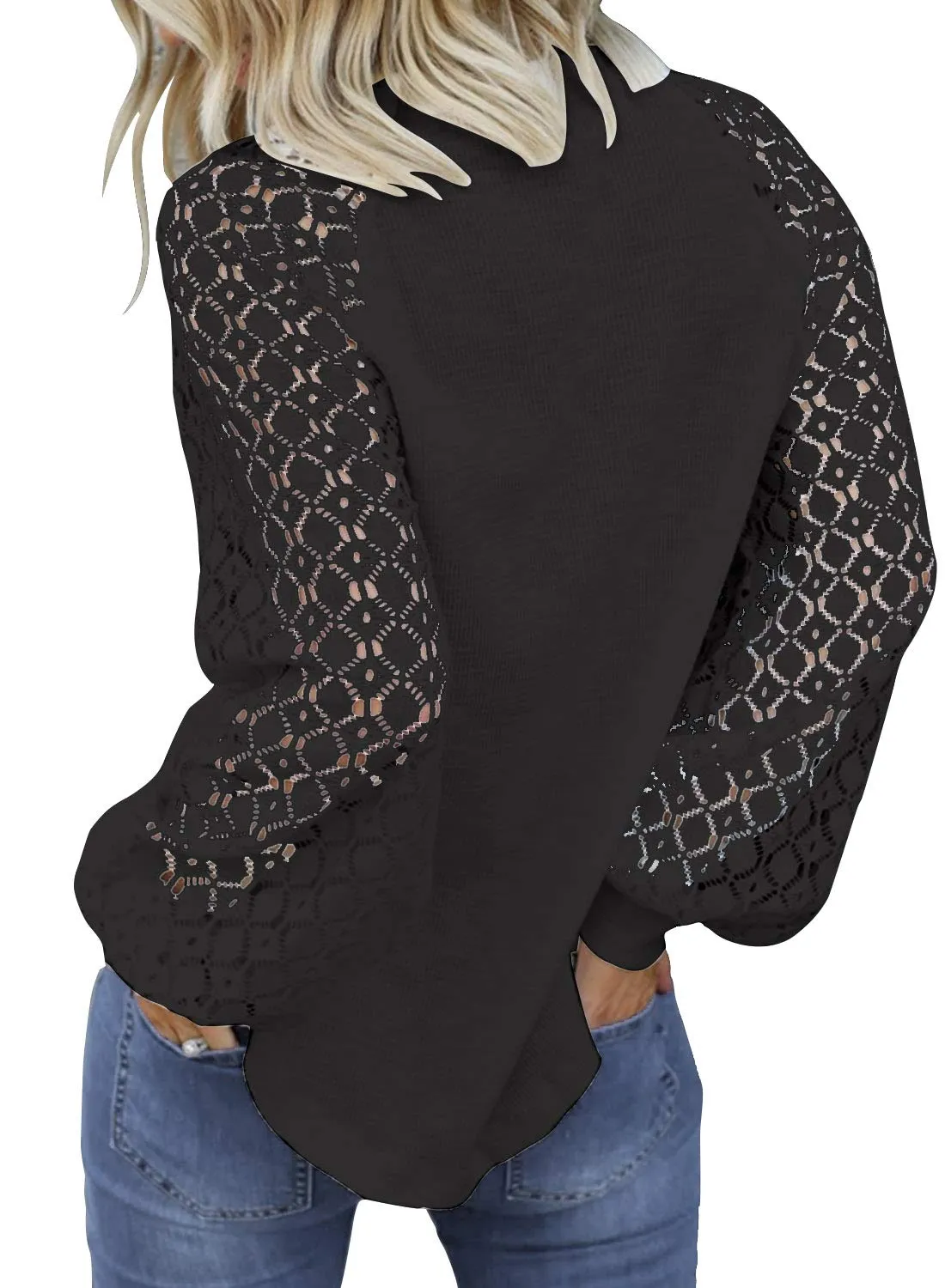 Brown Women’s Long Sleeve Tops Lace Casual Loose Blouses T Shirts - MIHOLL