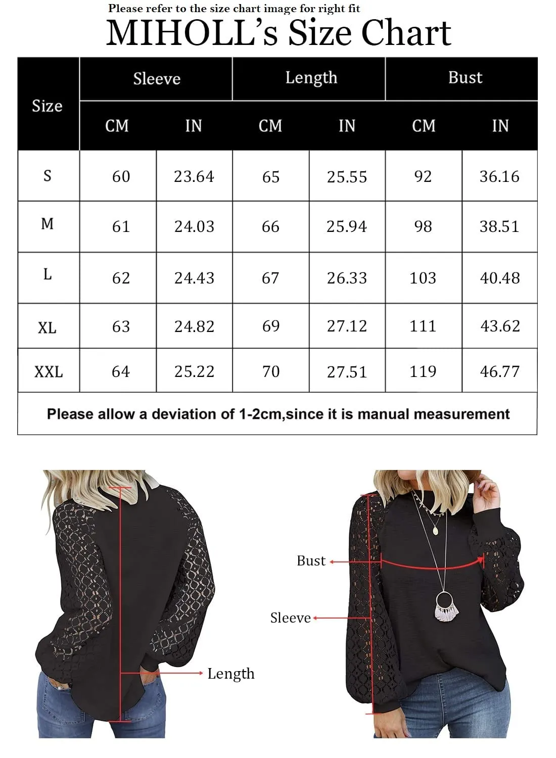 Brown Women’s Long Sleeve Tops Lace Casual Loose Blouses T Shirts - MIHOLL
