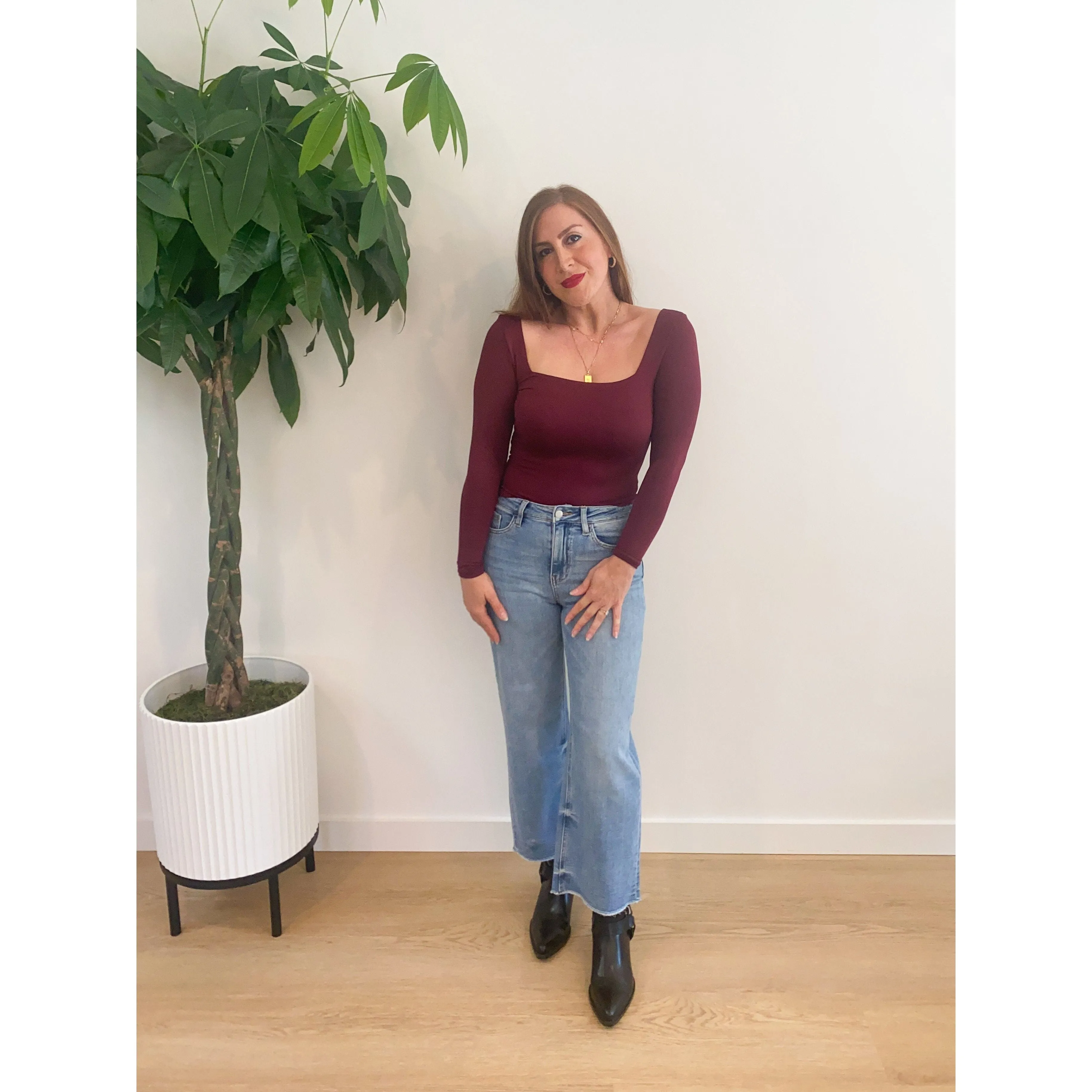 Burgundy Knit Square Neck Top