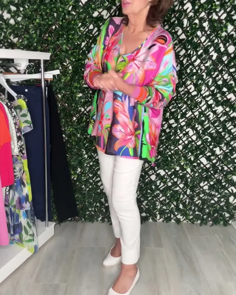 Casual colorful floral print V-neck top
