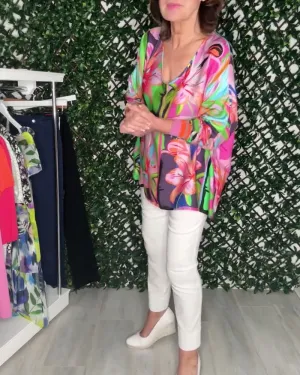Casual colorful floral print V-neck top