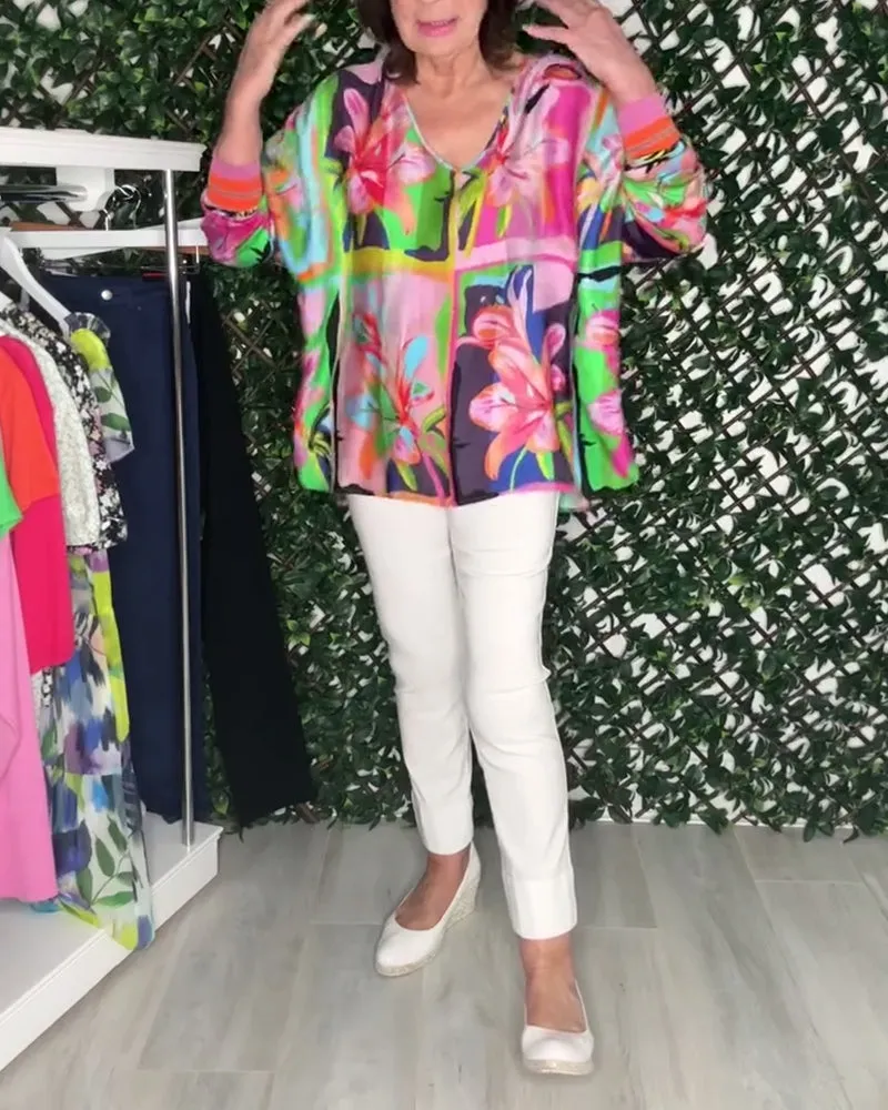 Casual colorful floral print V-neck top