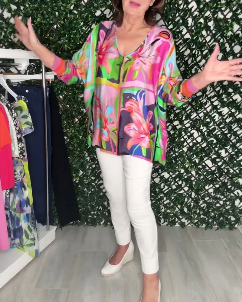 Casual colorful floral print V-neck top