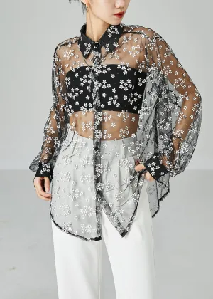 Chic Black Oversized Daisy Tulle Shirts Summer LY6090