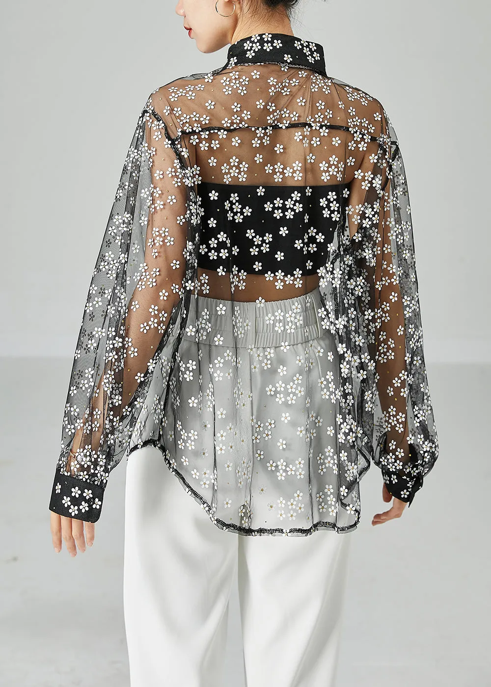 Chic Black Oversized Daisy Tulle Shirts Summer LY6090