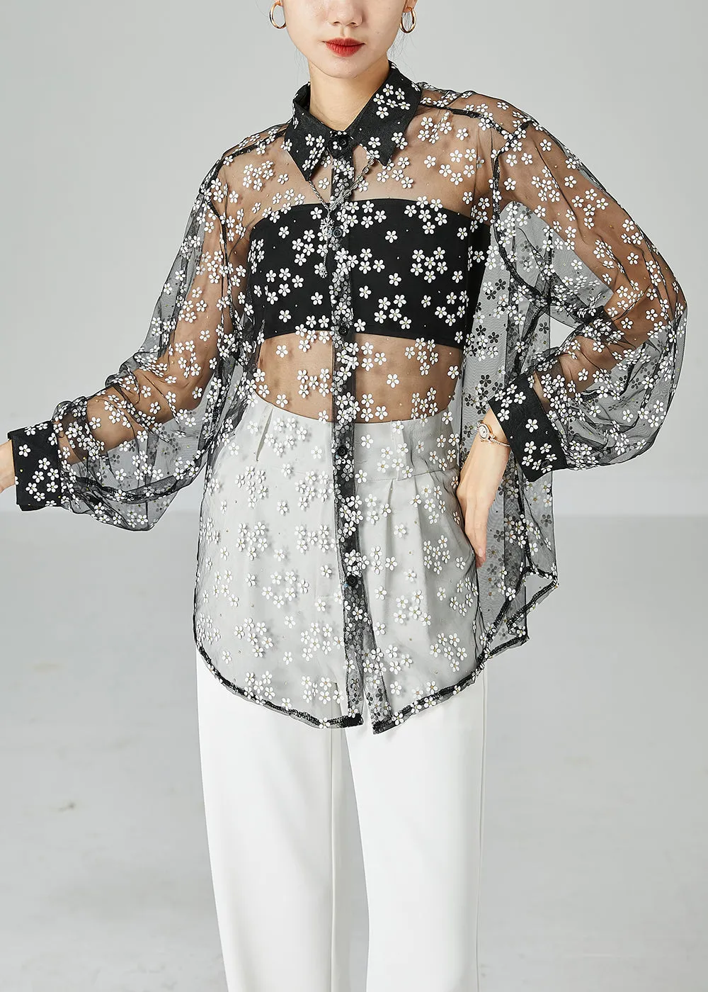 Chic Black Oversized Daisy Tulle Shirts Summer LY6090