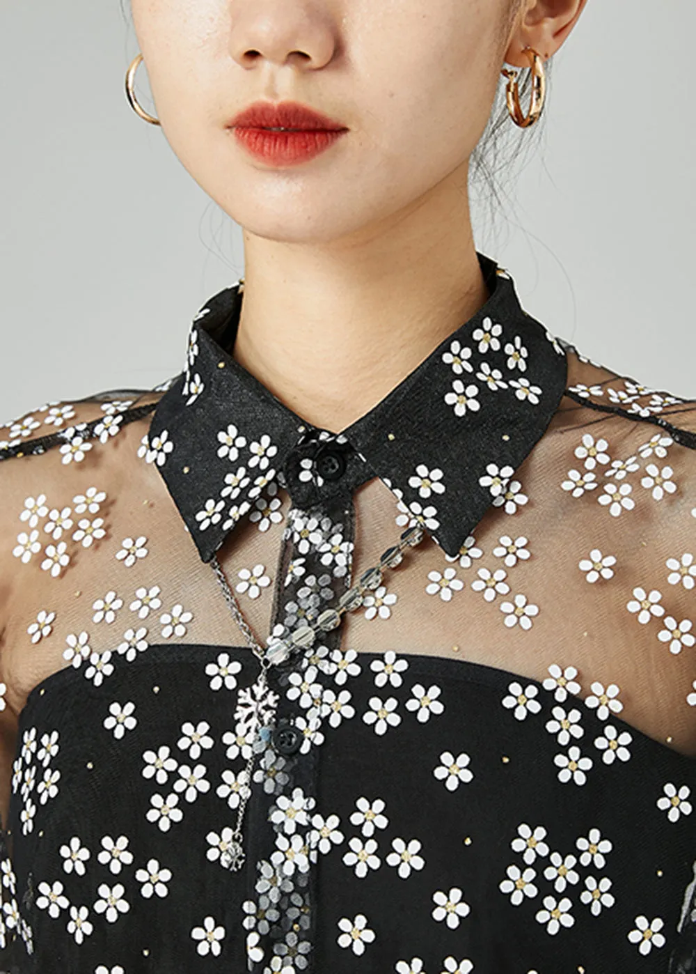 Chic Black Oversized Daisy Tulle Shirts Summer LY6090
