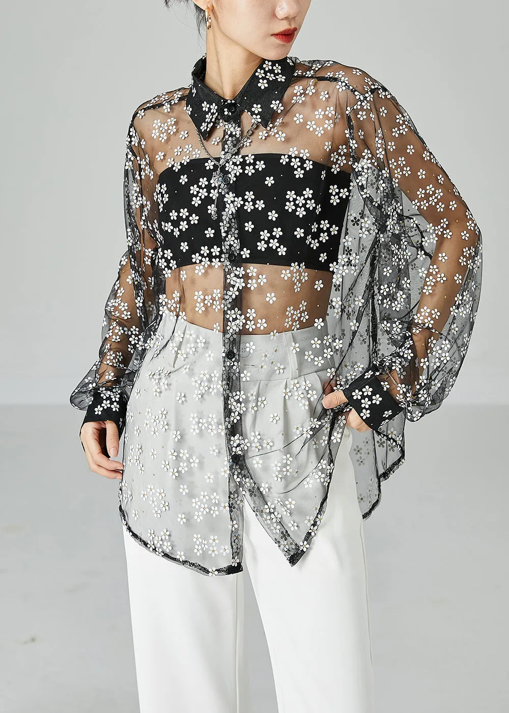 Chic Black Oversized Daisy Tulle Shirts Summer LY6090