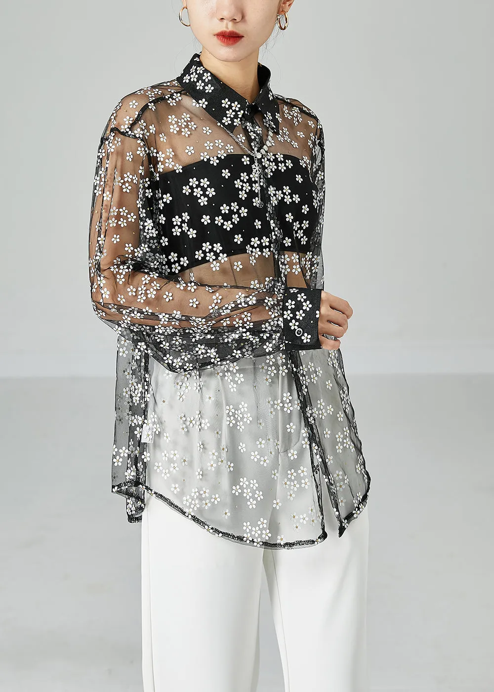 Chic Black Oversized Daisy Tulle Shirts Summer LY6090