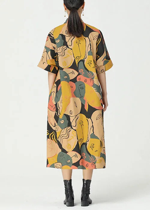 Chic Khaki Print Pockets Patchwork Cotton Shirts Dress Short Sleeve AA1033